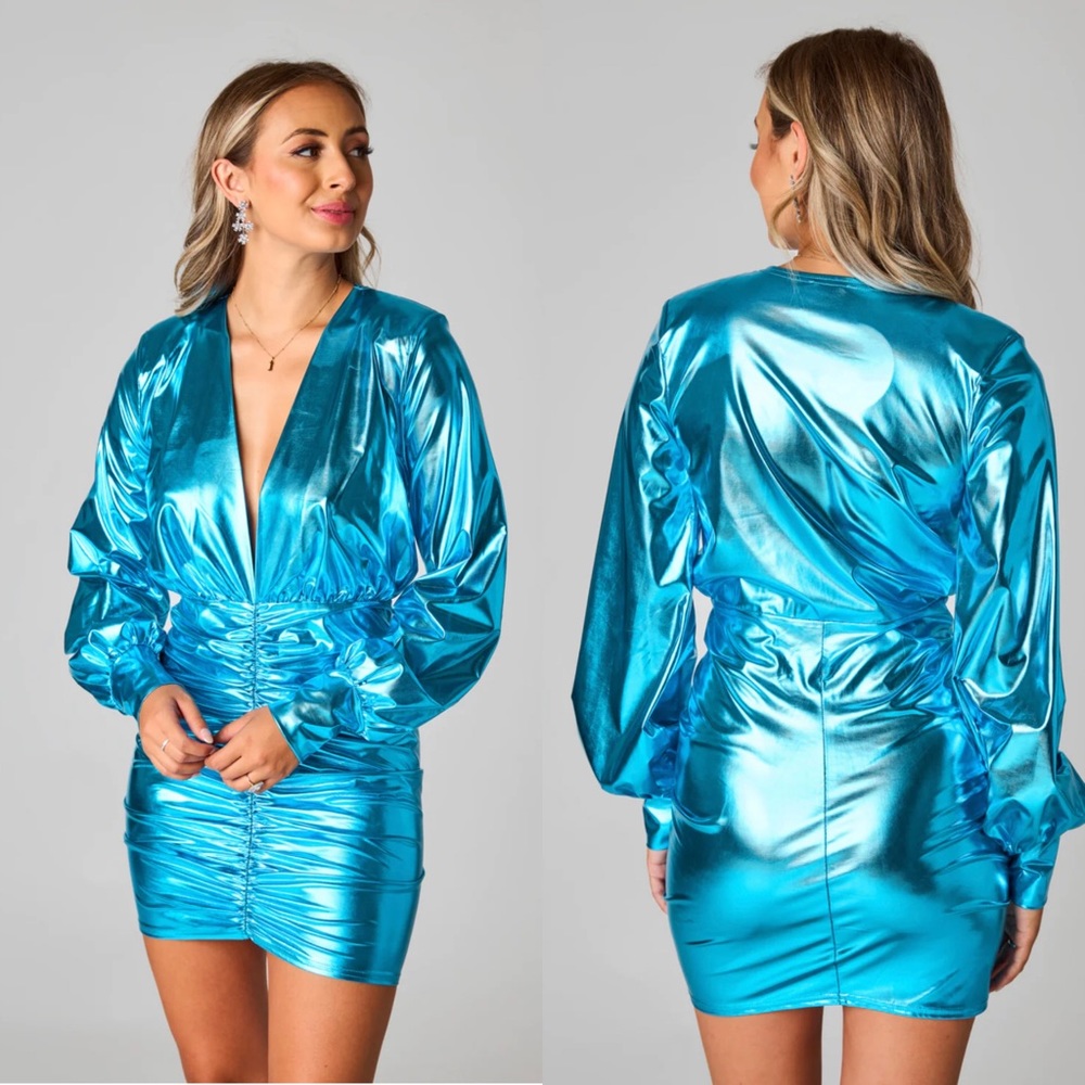 Buddy Love Cyrus Metallic Short Dress Blue Cyan NWT Size L